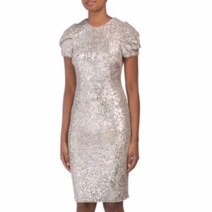 Adrianna Papell Silver Sequin Puff Sheath Dress 6